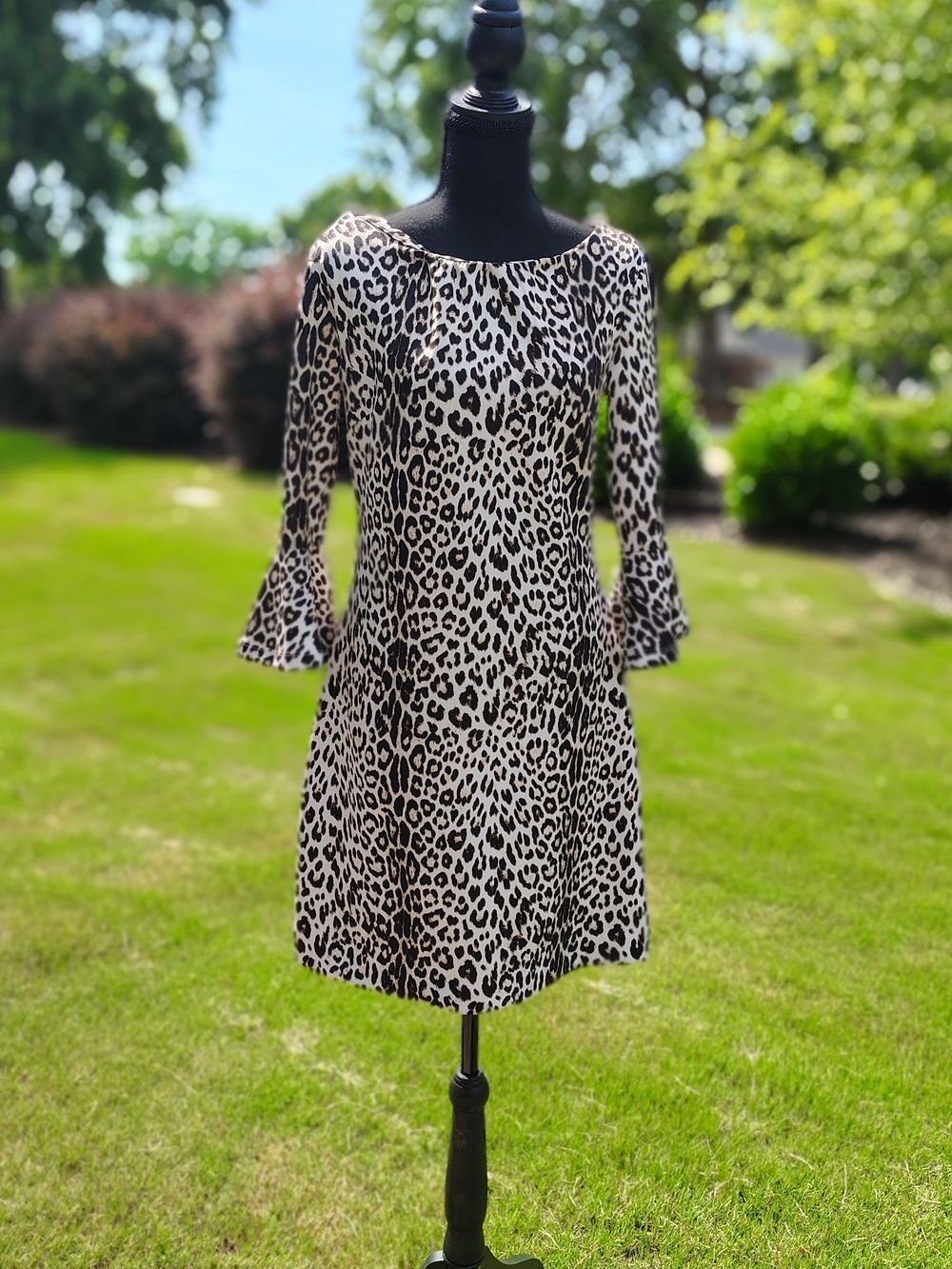 New York & Company Cream and Black Leopard Bell-Sleeve Dress